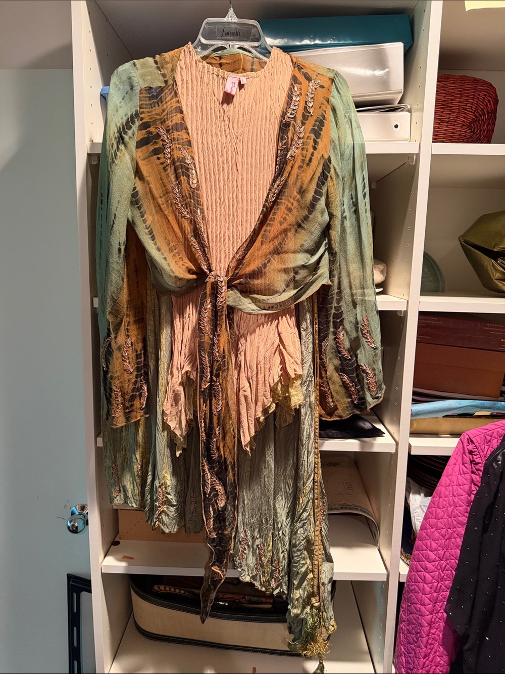 Boho Tie-Front Layered Skirt/Cardigan/Tunic Set  in Sage & Gold